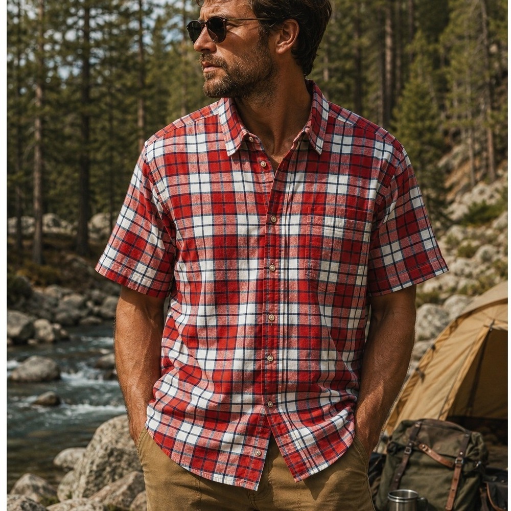 Eddie Bauer XL Shirt Short Sleeve Plaid Red White Blue Cotton Button Down Hiking